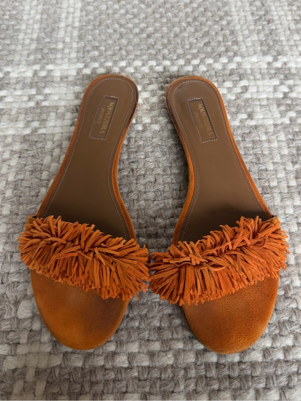 Aquazzura Wild Thing Orange Suede Fringe Trim Accent Slides Sandal - IT 37 | 7